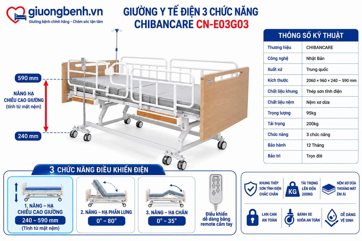 Giường bệnh điện nâng hạ chiều cao 24–59cm
